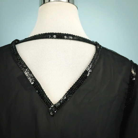 Oscar de la Renta Size 12 Black Sequin Detail Open Cut Out Back Long Sleeve Top - Picture 4 of 8